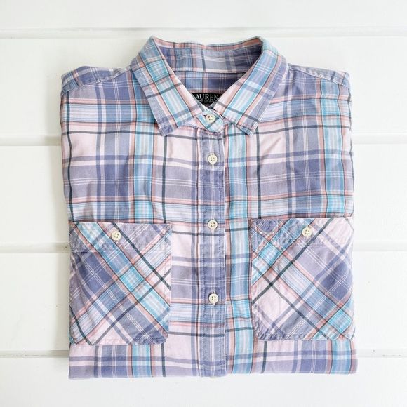 Lauren Ralph Lauren Double Pocket Soft Plaid Flannel Button Down Shirt Large - Picture 6 of 11
